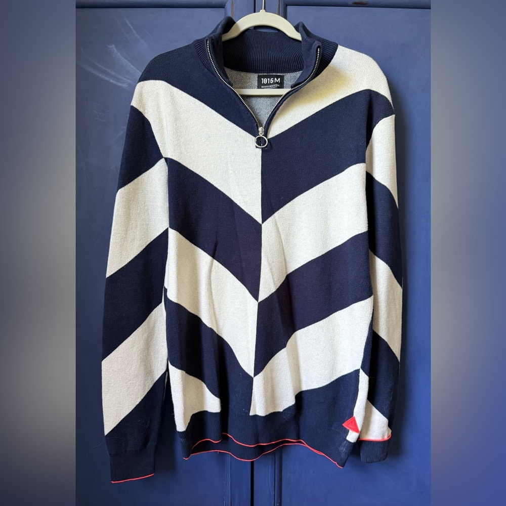 Scotch & Soda Black and Cream Chevron Zip-Up Sweater Size Large